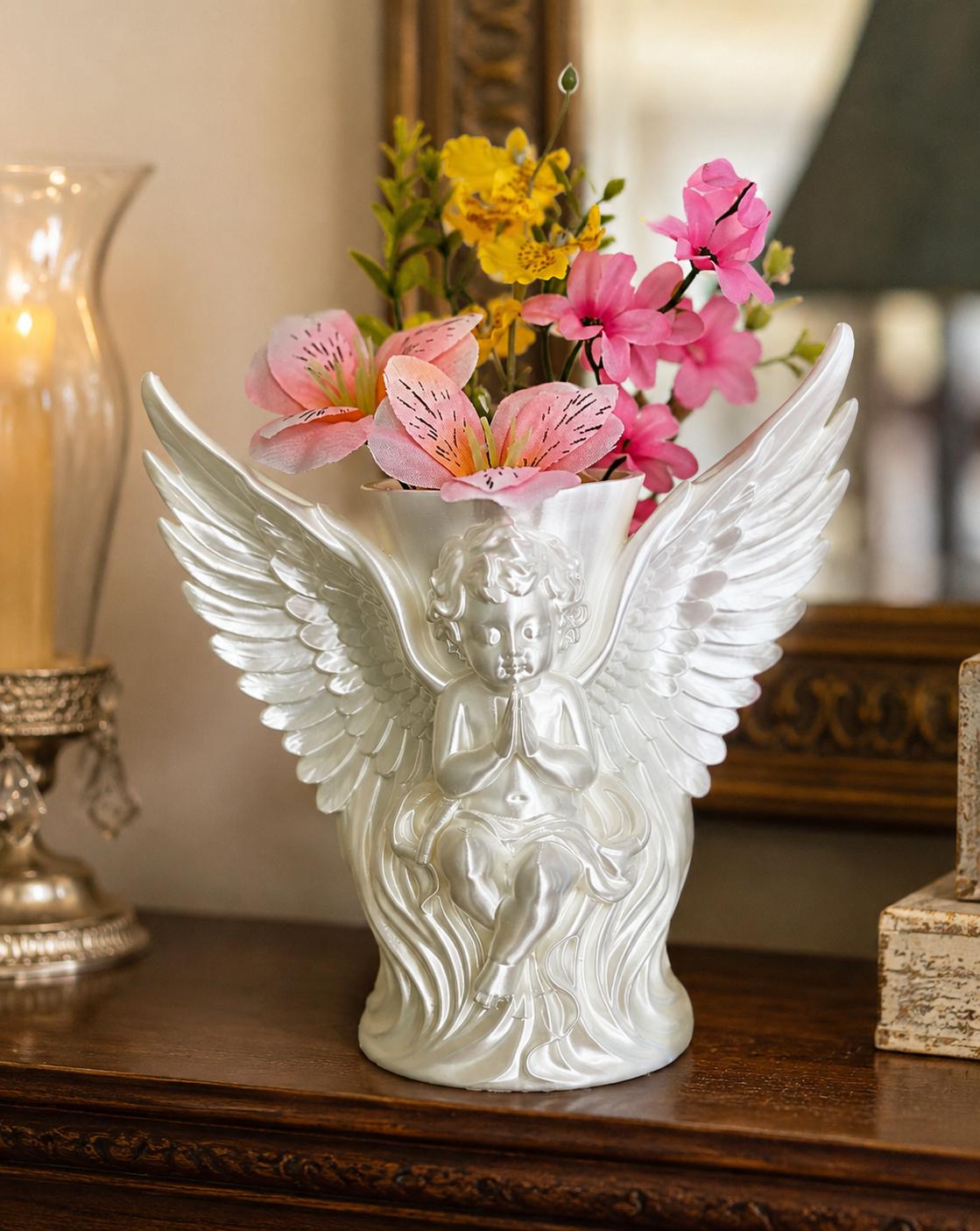 Cherub Wings White Silk Vase