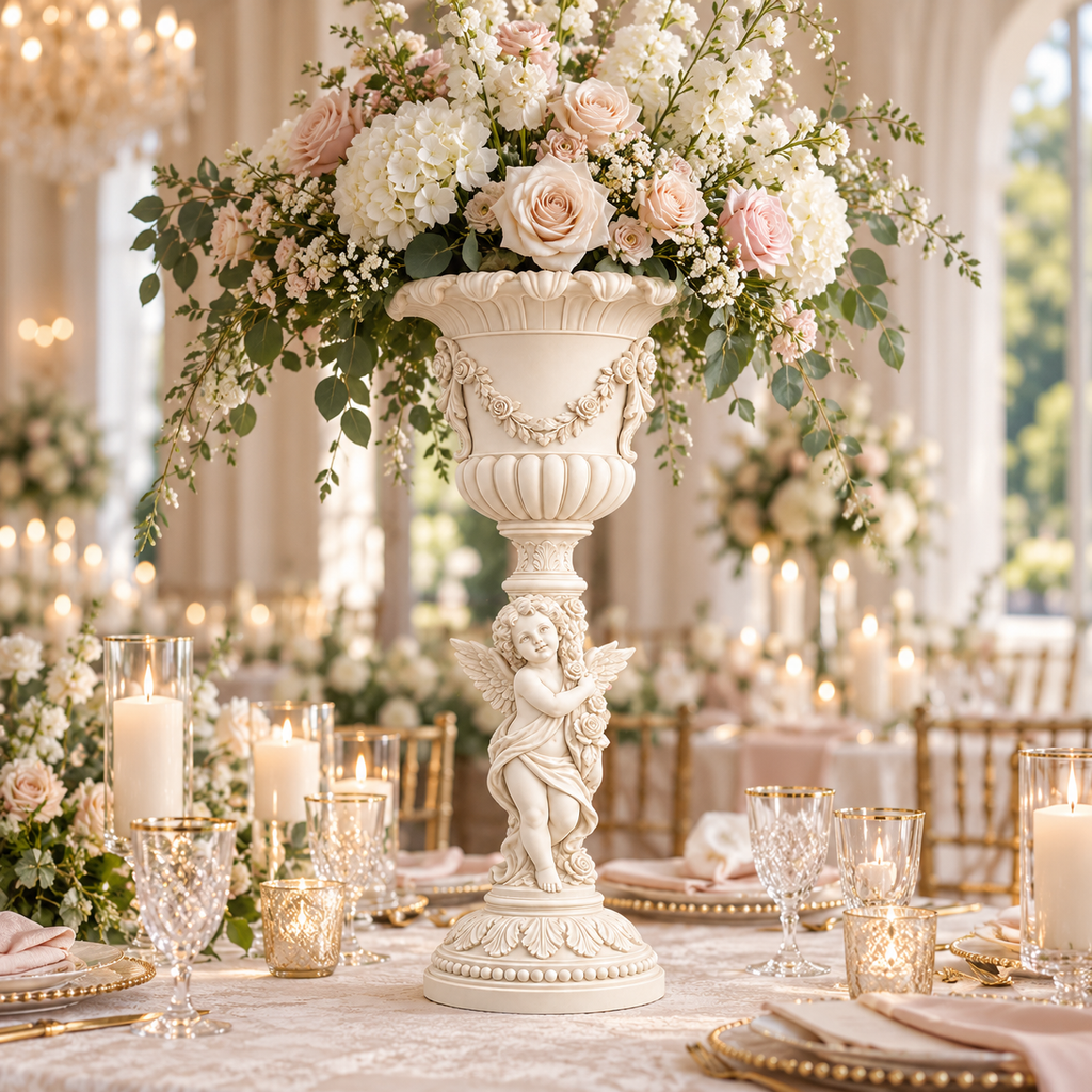 A large white classical urn centerpiece with a cherub statue, filled with white and blush pink roses and green foliage, set on a decorated wedding table with candles and crystal glasses.