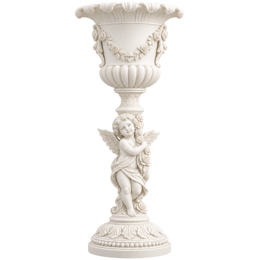 An ornate white classical pedestal planter with a cherub figure, floral garlands, and a scalloped rim, isolated on a white background.