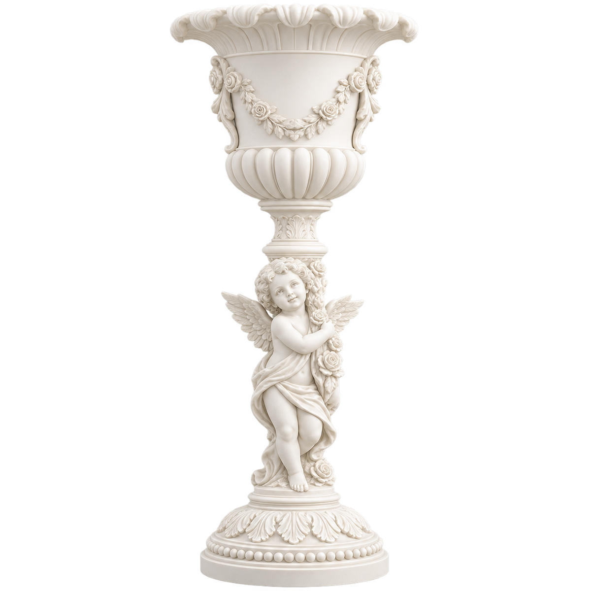 An ornate white classical pedestal planter with a cherub figure, floral garlands, and a scalloped rim, isolated on a white background.