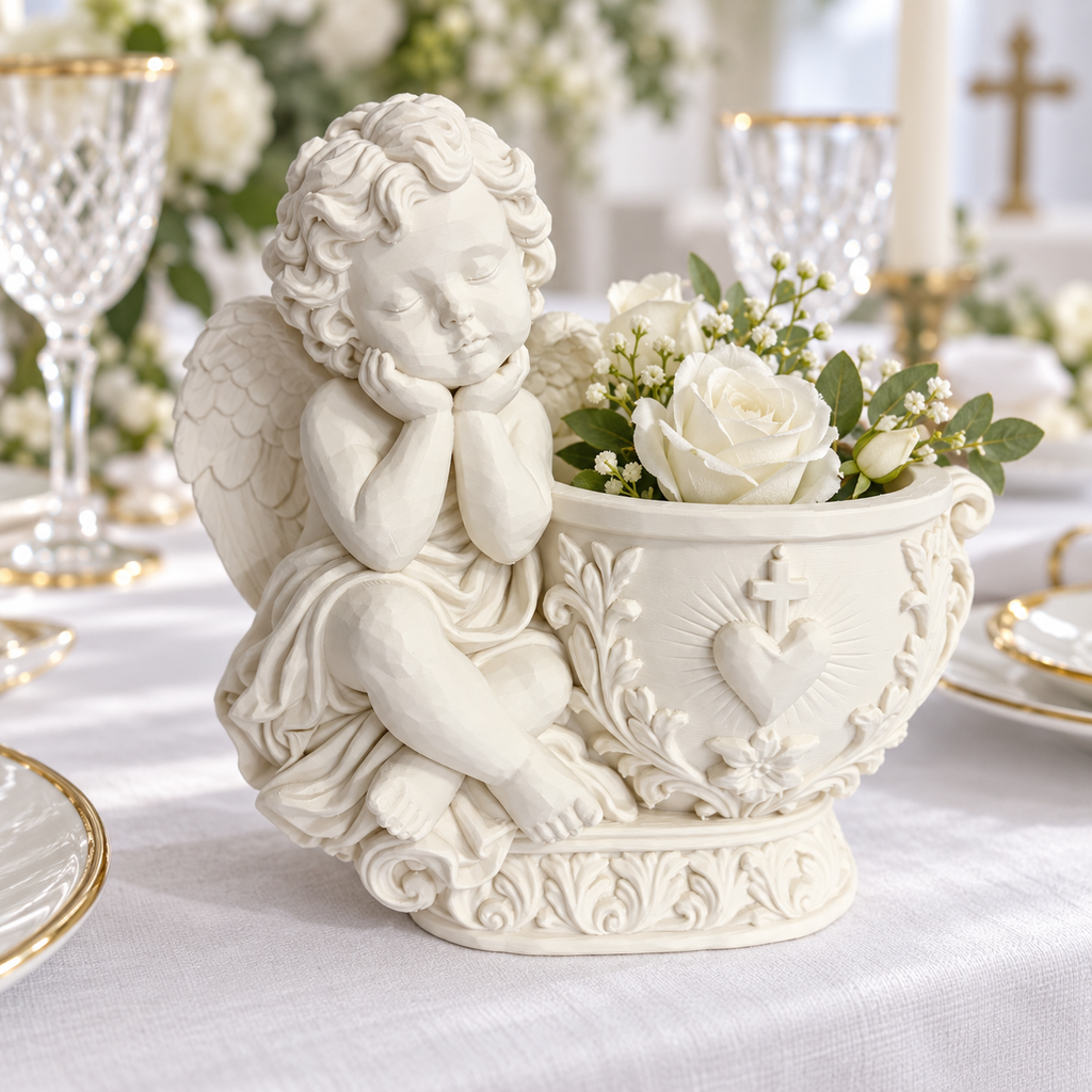 Cherub Angel Vase with Heart & Cross