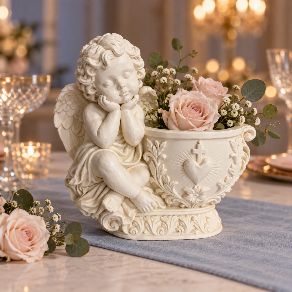 Cherub Angel Vase with Heart & Cross