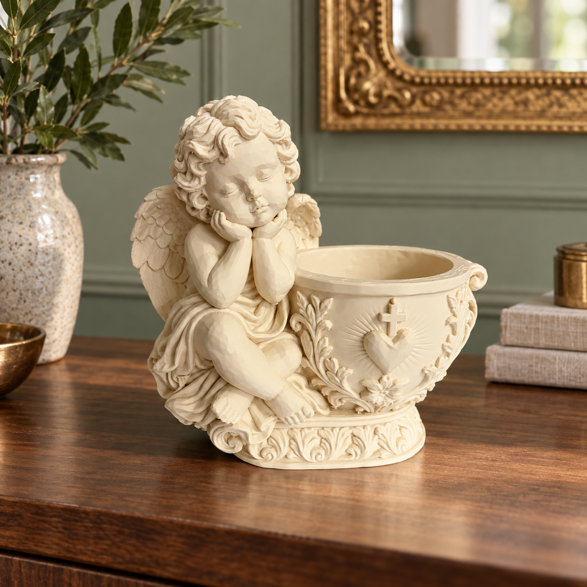 Cherub Angel Vase with Heart & Cross