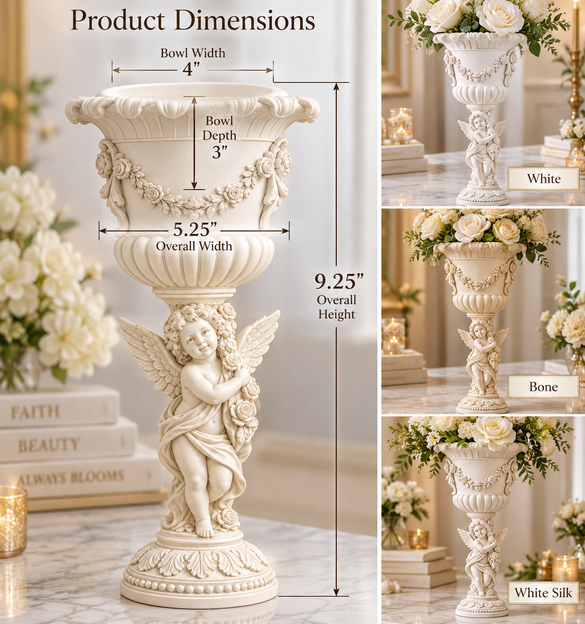 Product dimensions diagram for an ornate cream-colored pedestal planter with a cherub figure, shown alongside three smaller color/style variants labeled White, Bone, and White Silk on a styled interior background.