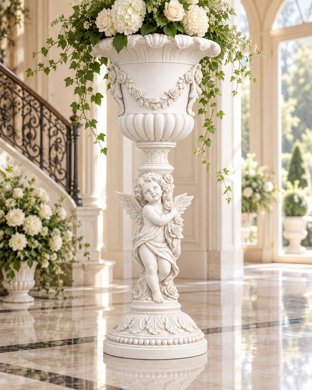 A large white classical-style pedestal planter with a cherub figure on the base, filled with white flowers and trailing green leaves, displayed in an elegant indoor hallway with a staircase and marble floor.