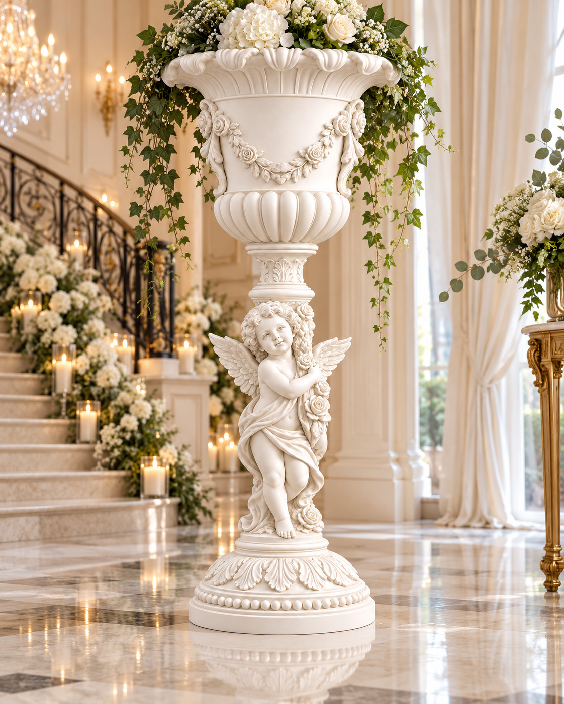 A large white classical-style decorative urn pedestal with a cherub figure and trailing green vines, placed in an elegant indoor hall with marble floors, candles, and floral stair railings.