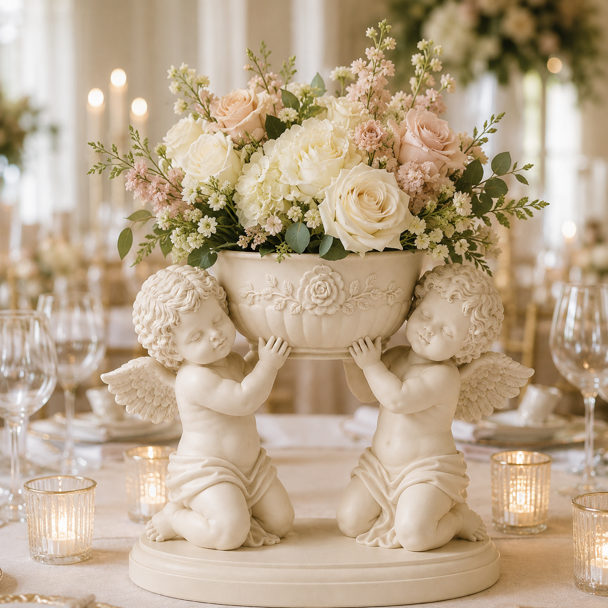 Double Cherub Floral Bowl Centerpiece