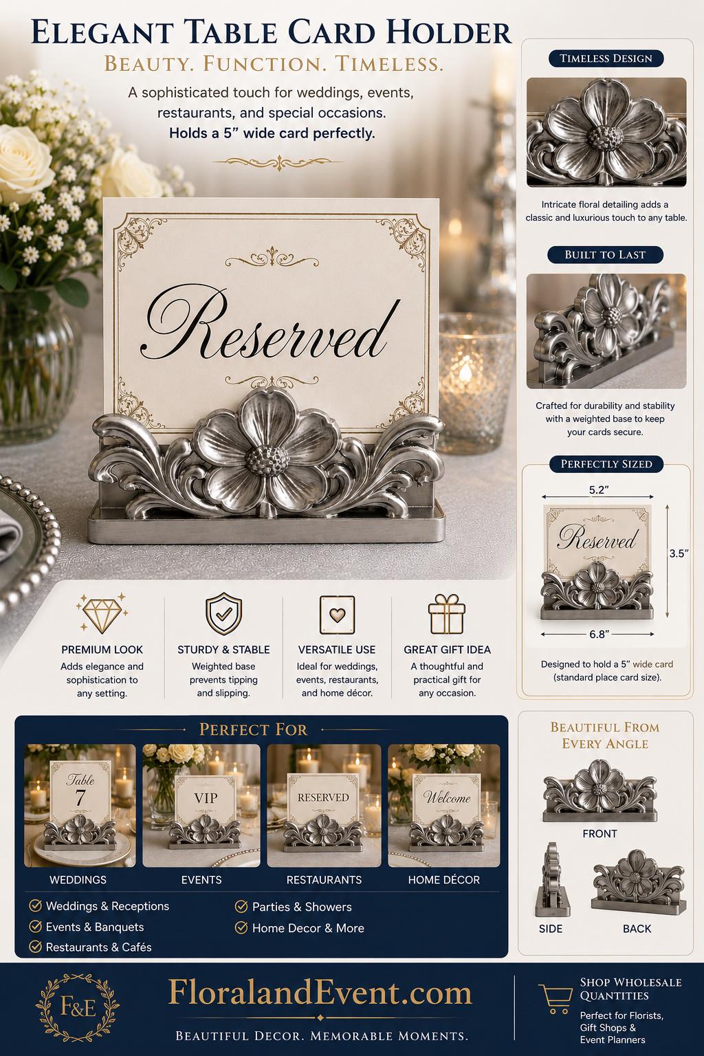 A promotional infographic for an elegant table card holder by FloralandEvent.com, showing a square cream card with ornate silver 'Reserved' lettering and a silver floral motif, alongside multiple product views, dimensions, and usage examples on a dark background.