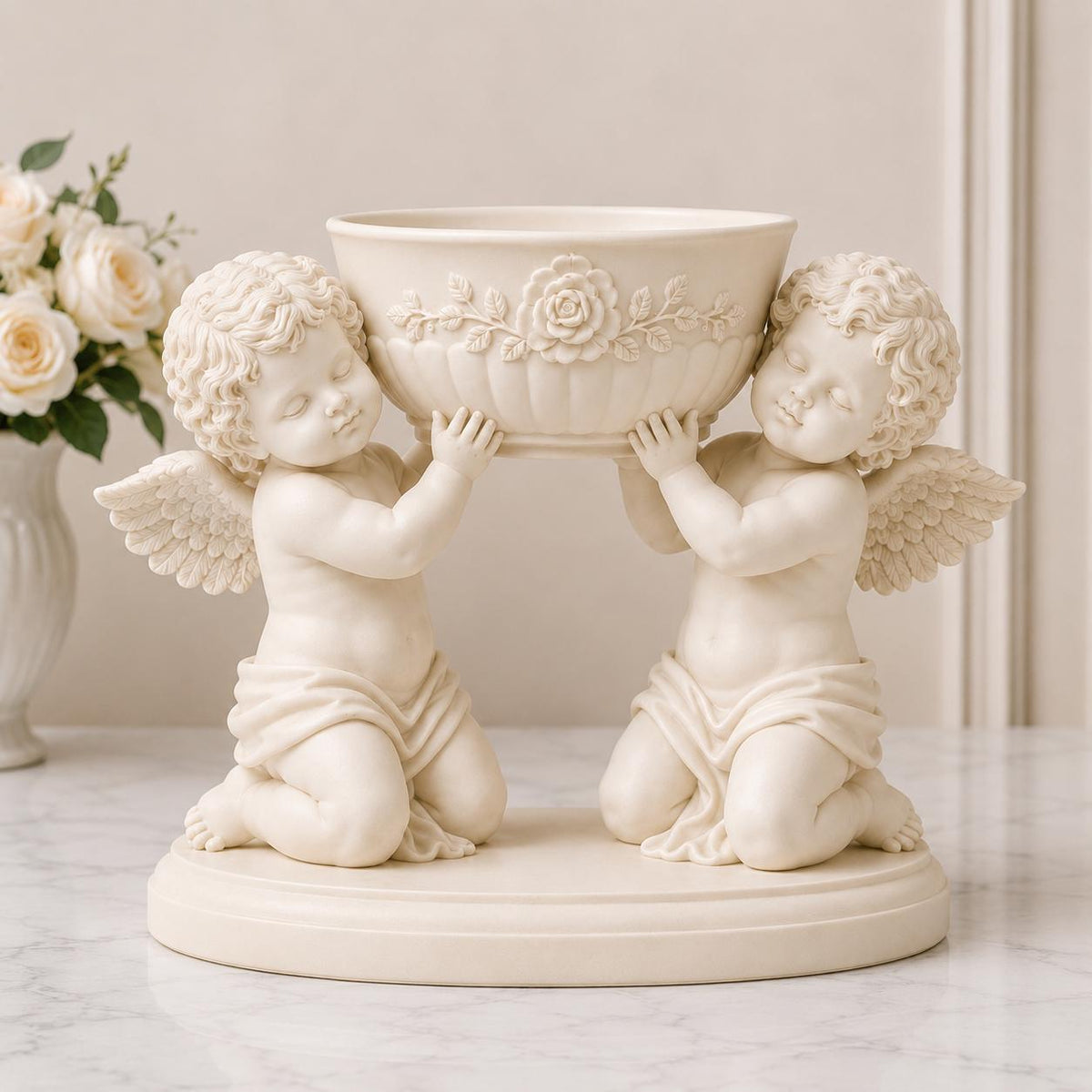 Double Cherub Floral Bowl Centerpiece